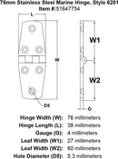 76mm Stainles Steel Marine Hinge Style 6201 specification diagram
