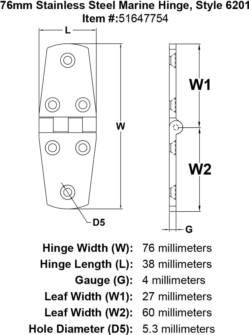 76mm Stainles Steel Marine Hinge Style 6201 specification diagram
