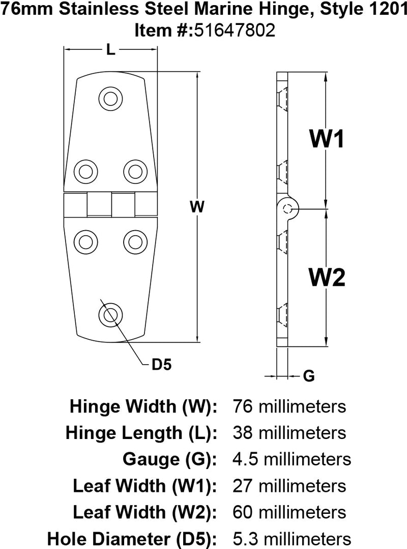 76mm Stainless Steel Marine Hinge Style 1201 specification diagram