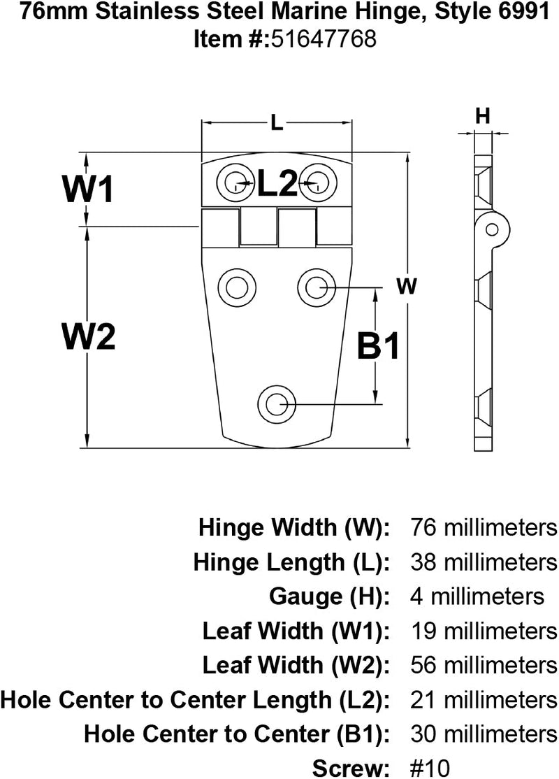 76mm Stainless Steel Marine Hinge Style 6991 specification diagram
