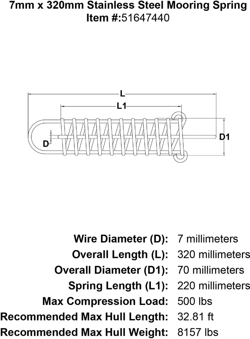 7mm x 320mm Stainless Steel Mooring Spring specification diagram