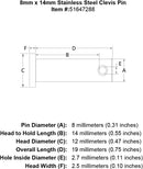 8 x 14 Stainless Steel Clevis Pin specification diagram