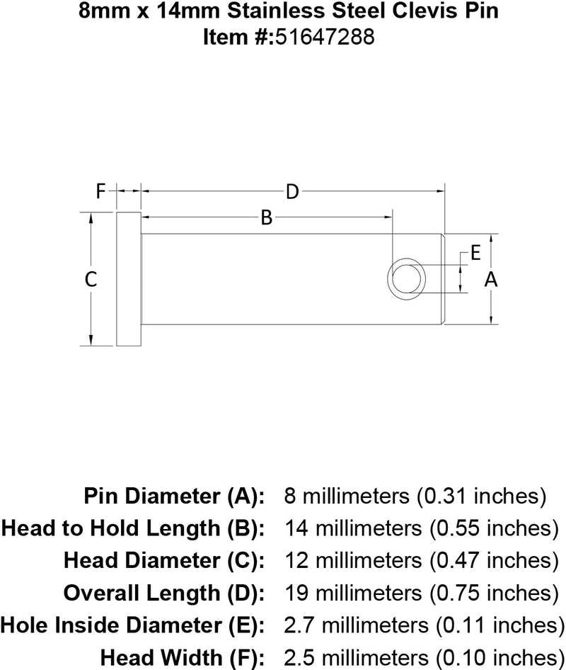 8 x 14 Stainless Steel Clevis Pin specification diagram