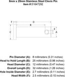 8 x 25 Stainless Steel Clevis Pin specification diagram