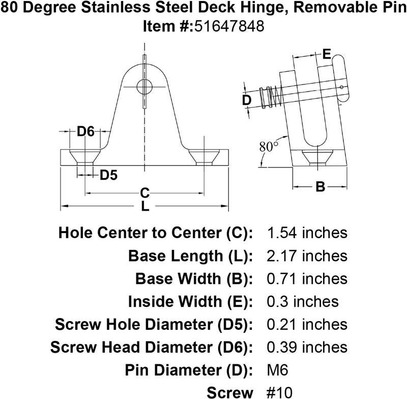 80 Degree Stainless Steel Deck Hinge Removable Pin specification diagram