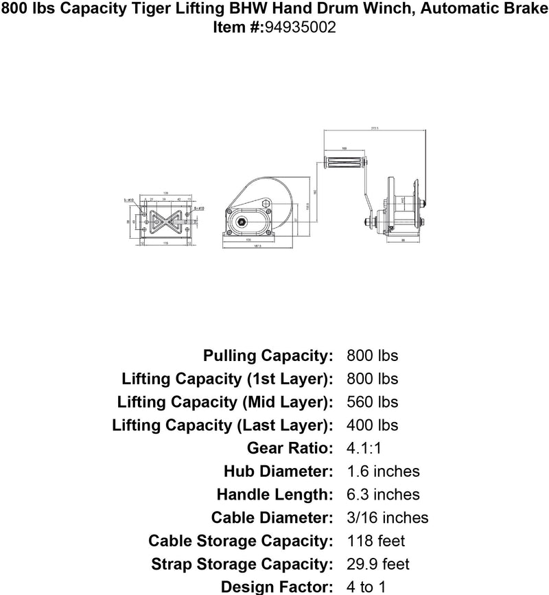 800 lbs capacity tiger lifting bhw hand drum winch automatic brake specification diagram