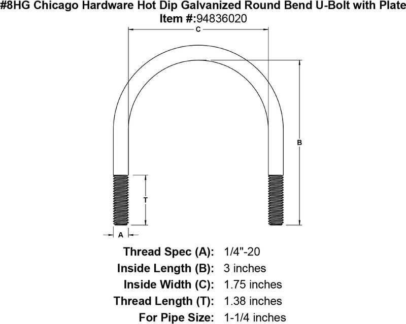 8hg chicago hardware hot dip galvanized round bend u bolt with plate specification diagram