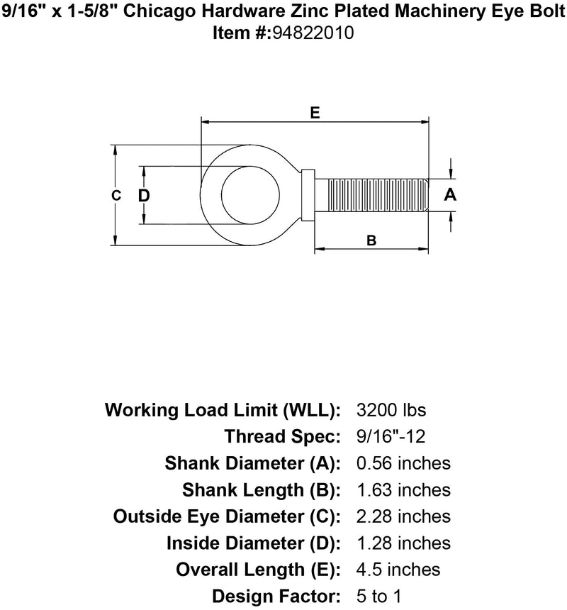 9 16 x 1 5 8 chicago hardware zinc plated machinery eyebolt specification diagram