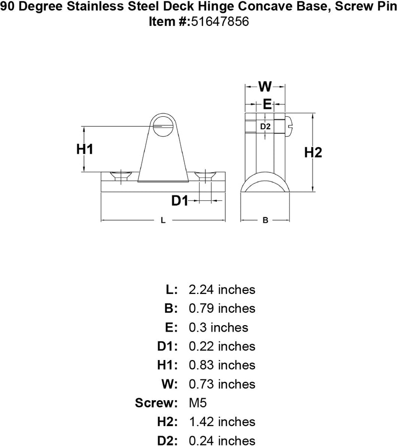 90 Degree Stainless Steel Deck Hinge Concave Base Screw Pin specification diagram