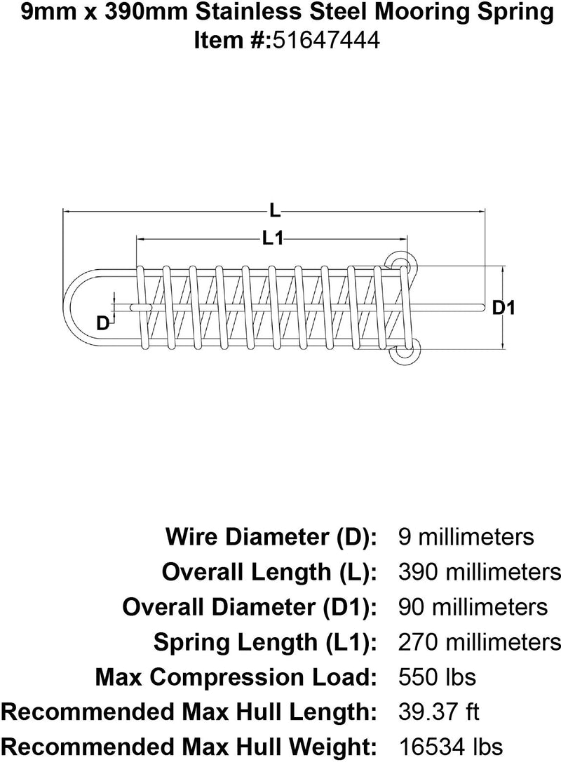 9mm x 390mm Stainless Steel Mooring Spring specification diagram