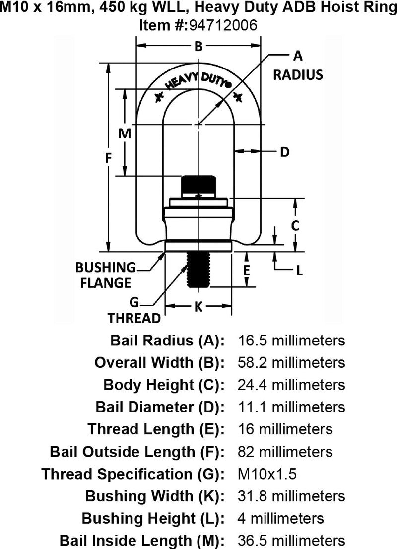 M10 x 16mm 450 kg Heavy Duty Hoist Ring specification diagram