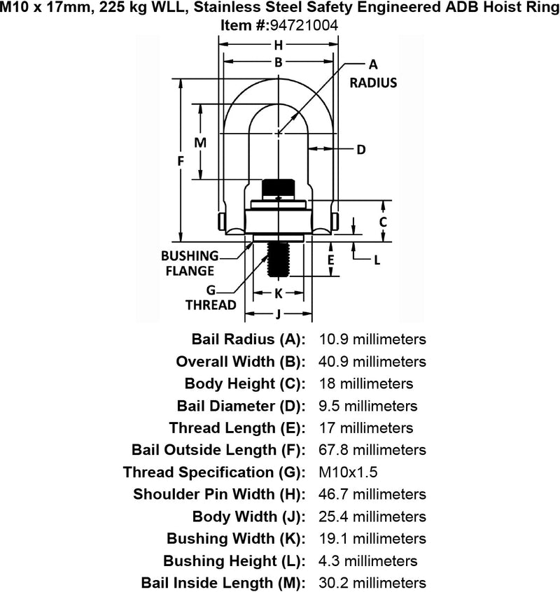 M10 x 17mm 225 kg Stainless Steel Safety Engineered Hoist Ring specification diagram