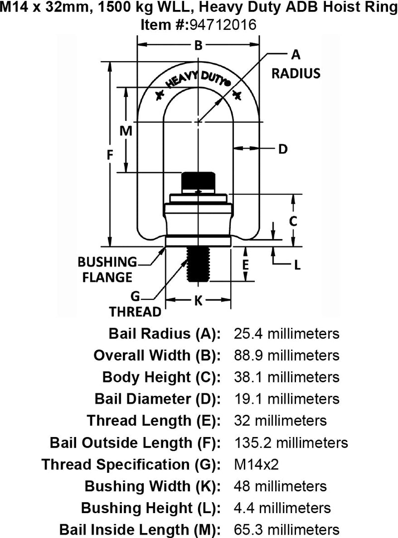 M14 x 32mm 1500 kg Heavy Duty Hoist Ring specification diagram
