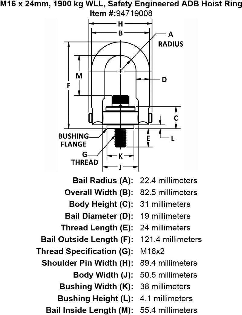 M16 x 24mm 1900 kg Safety Engineered Hoist Ring specification diagram