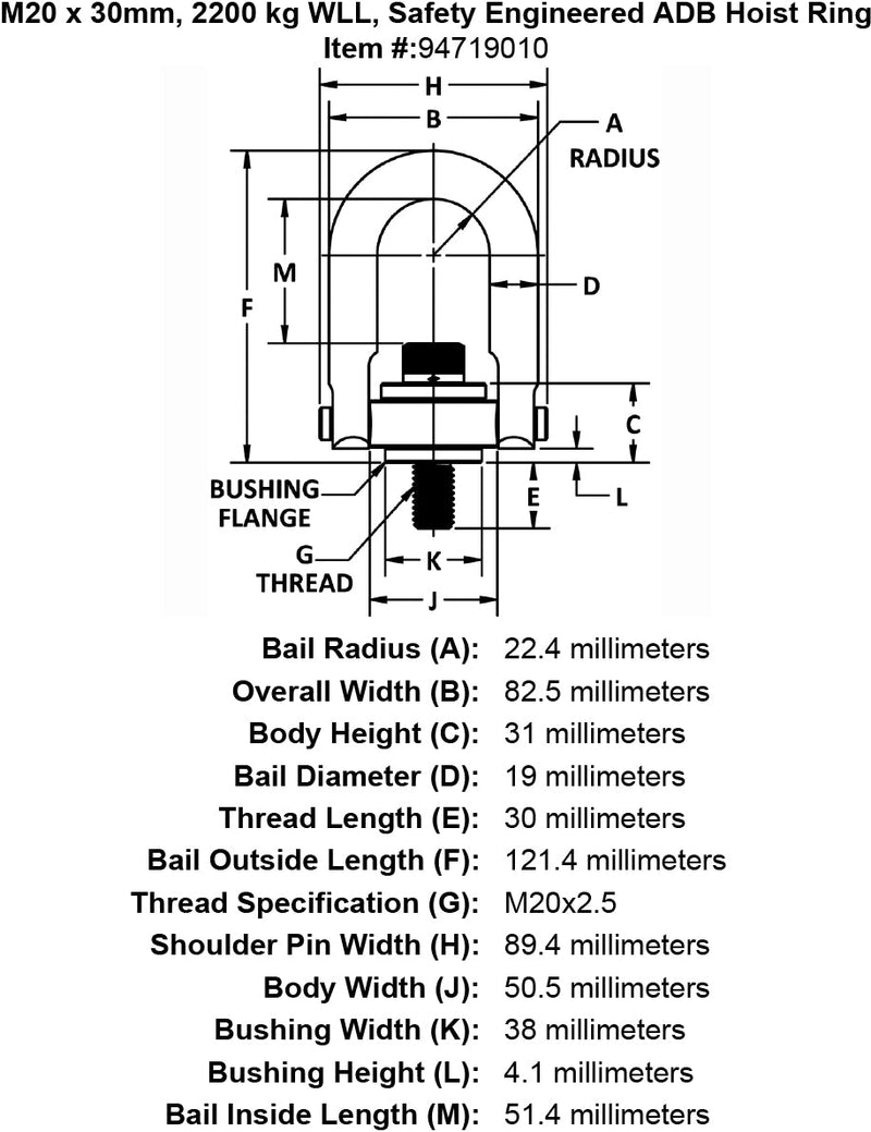 M20 x 30mm 2200 kg Safety Engineered Hoist Ring specification diagram