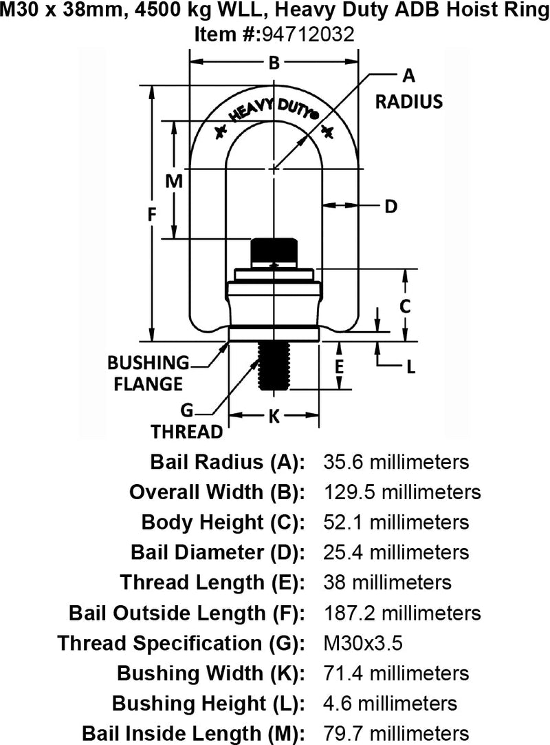 M30 x 38mm 4500 kg Heavy Duty Hoist Ring specification diagram