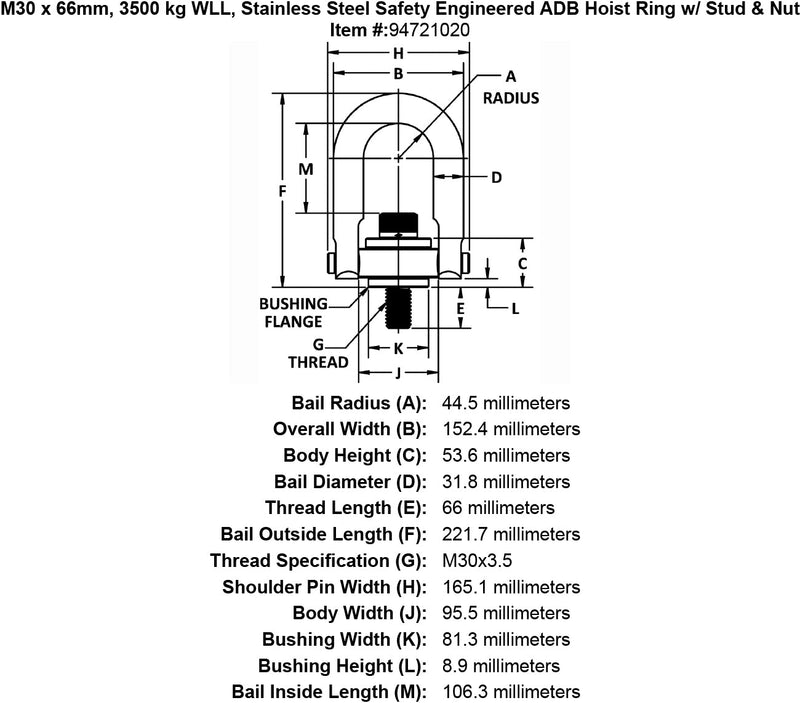 M30 x 66mm 3500 kg Stainless Steel Safety Engineered Hoist Ring Stud Nut specification diagram