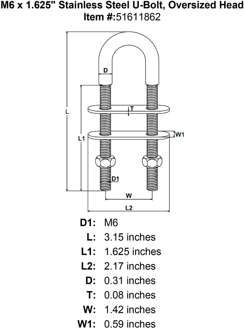 M6 x 1 625 Stainless Steel U Bolt Oversized Head specification diagram