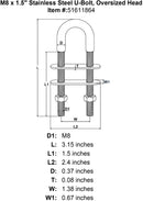 M8 x 1 5 Stainless Steel U Bolt Oversized Head specification diagram