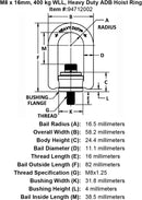 M8 x 16mm 400 kg Heavy Duty Hoist Ring specification diagram