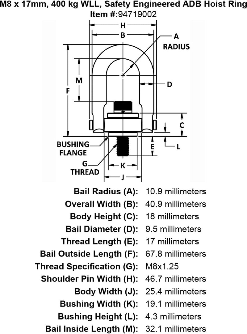M8 x 17mm 400 kg Safety Engineered Hoist Ring specification diagram