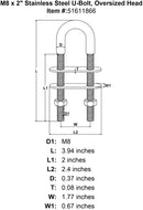 M8 x 2 Stainless Steel U Bolt Oversized Head specification diagram
