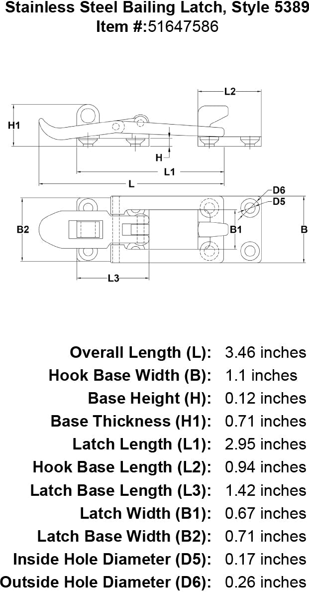 Stainless Steel Bailing Latch Style 5389 specification diagram