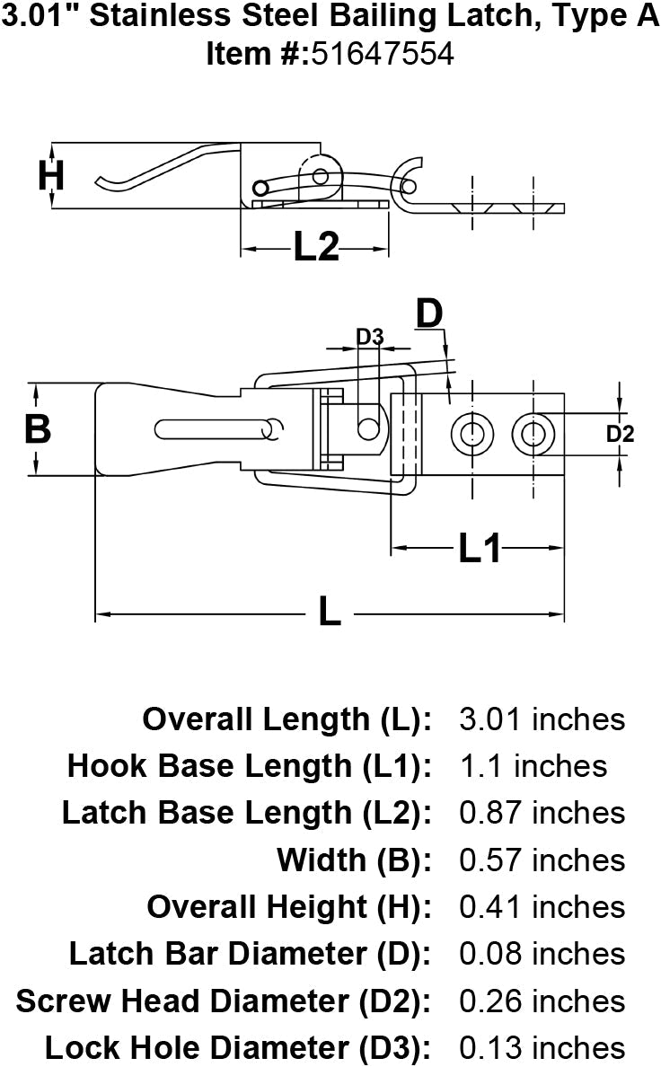 Stainless Steel Bailing Latch Type A specification diagram