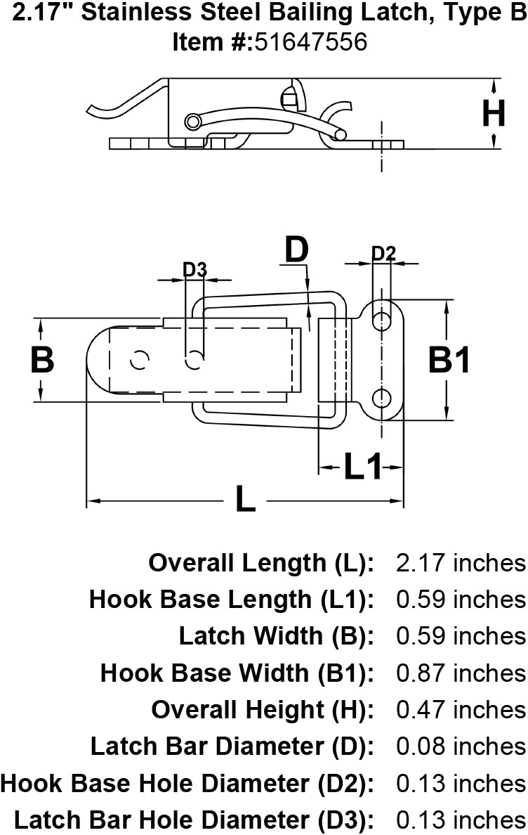 Stainless Steel Bailing Latch Type B specification diagram