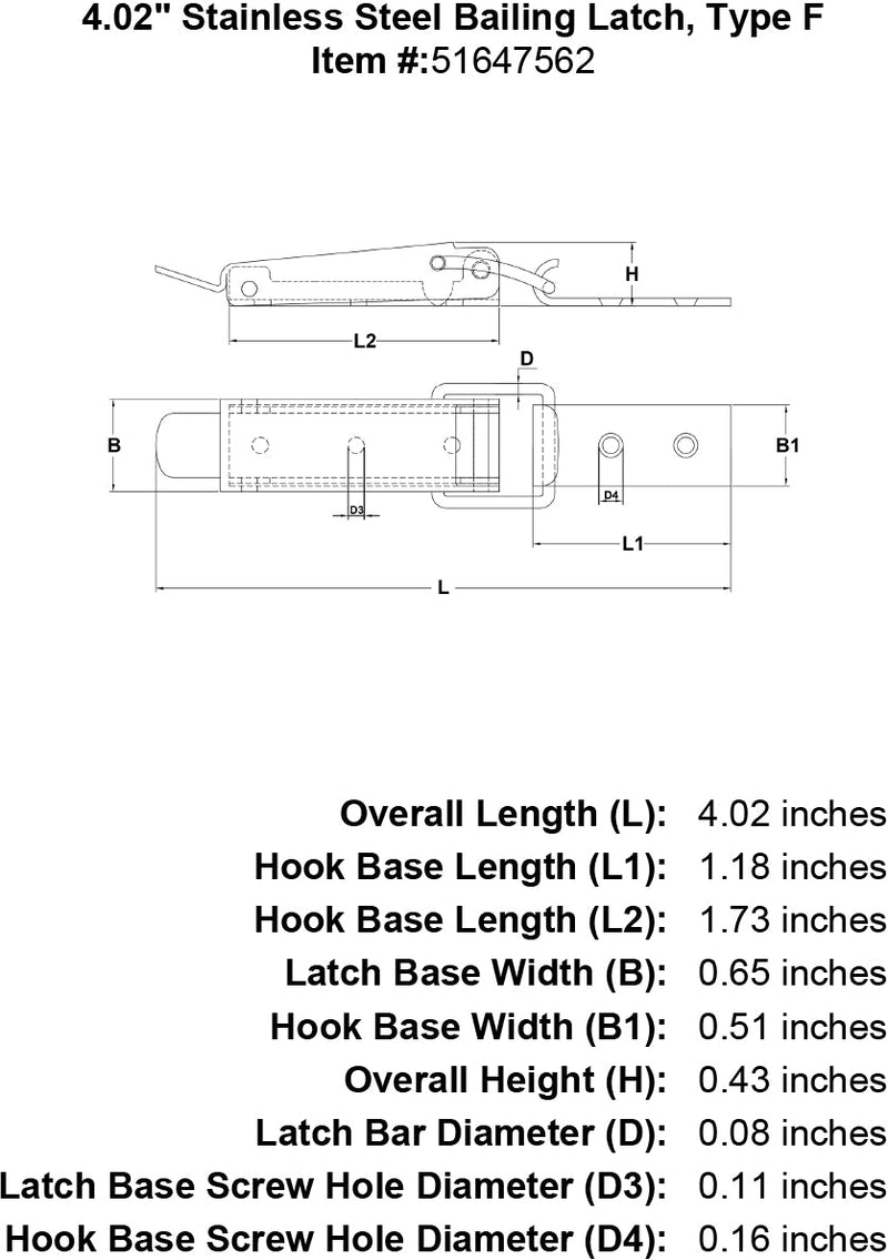 Stainless Steel Bailing Latch Type F specification diagram