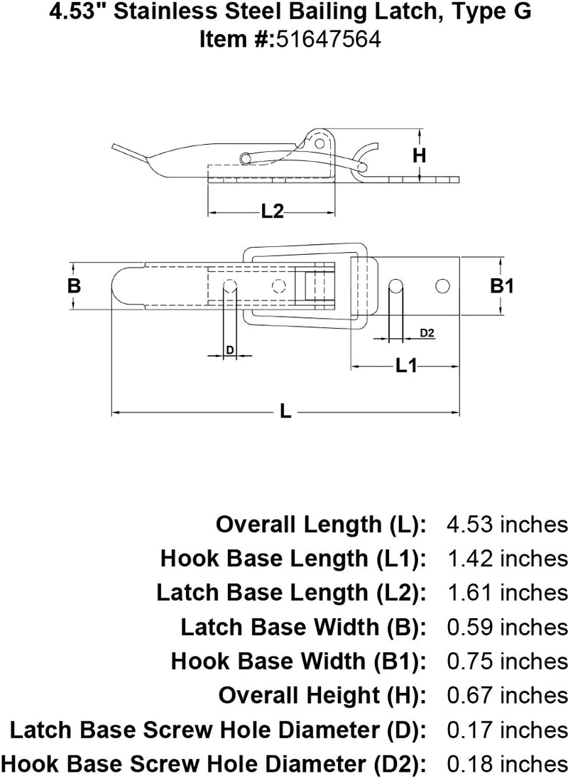 Stainless Steel Bailing Latch Type G specification diagram