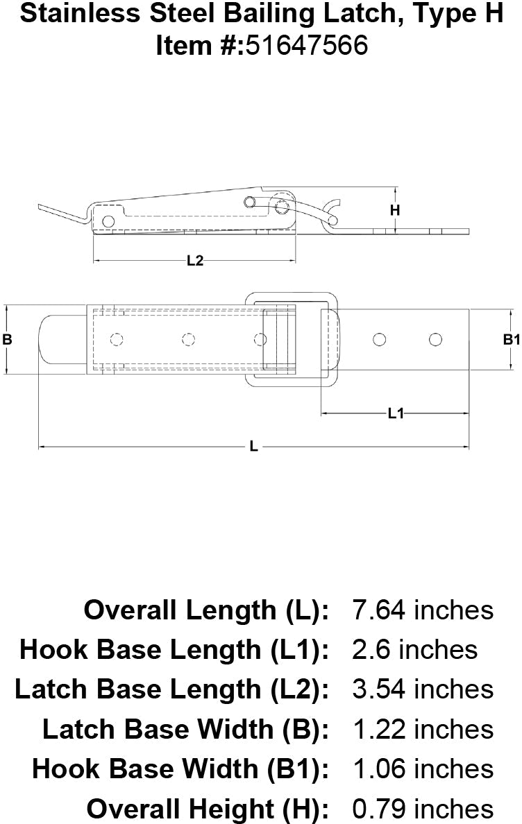 Stainless Steel Bailing Latch Type H specification diagram