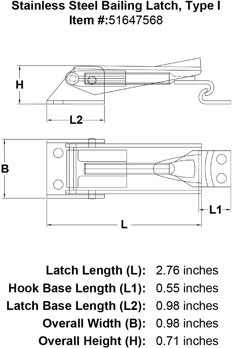 Stainless Steel Bailing Latch Type I specification diagram