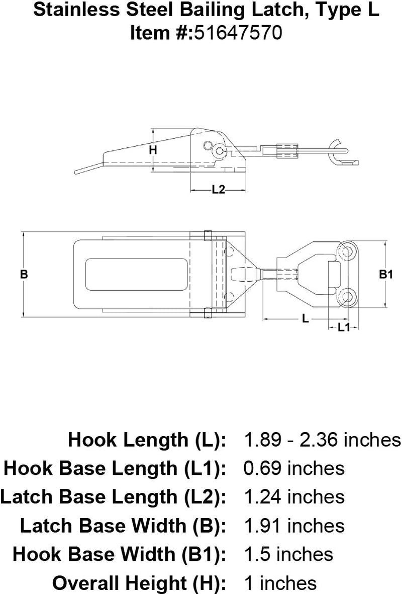Stainless Steel Bailing Latch Type L specification diagram