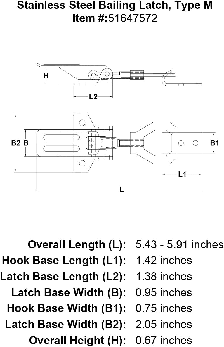 Stainless Steel Bailing Latch Type M specification diagram