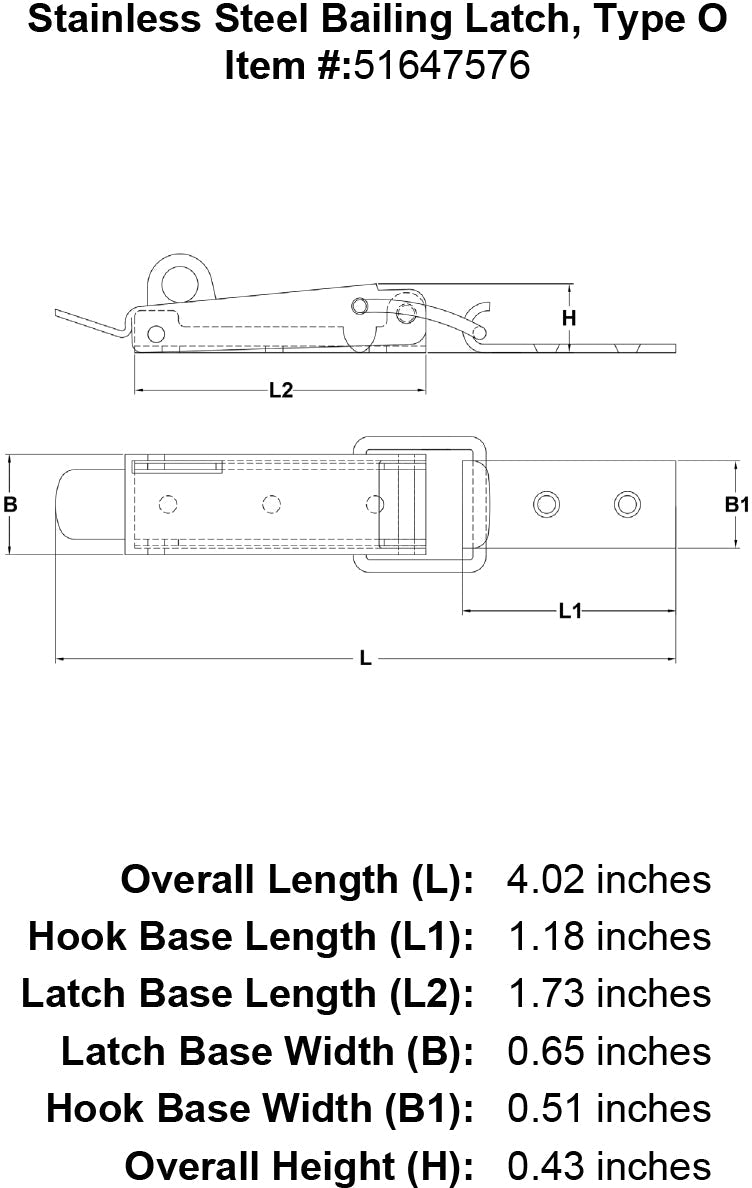 Stainless Steel Bailing Latch Type O specification diagram