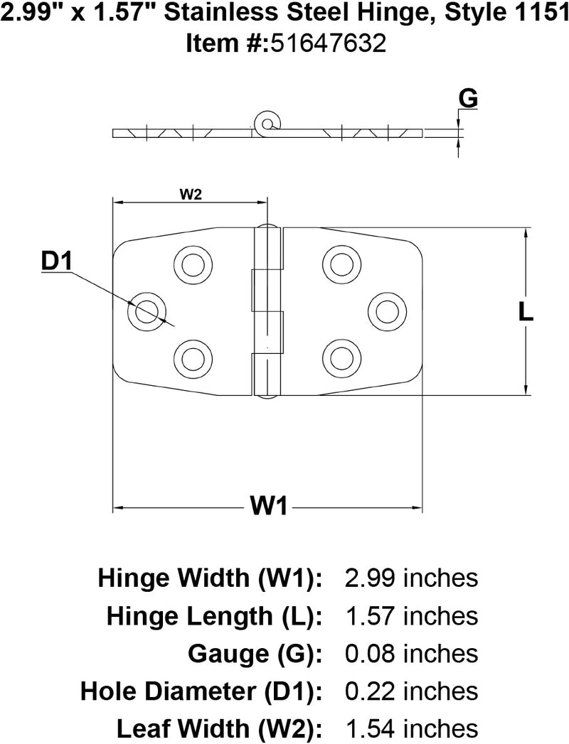 Stainless Steel Hinge Style 1151 specification diagram
