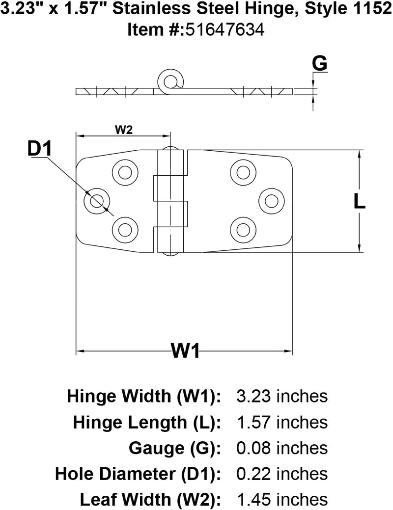 Stainless Steel Hinge Style 1152 specification diagram