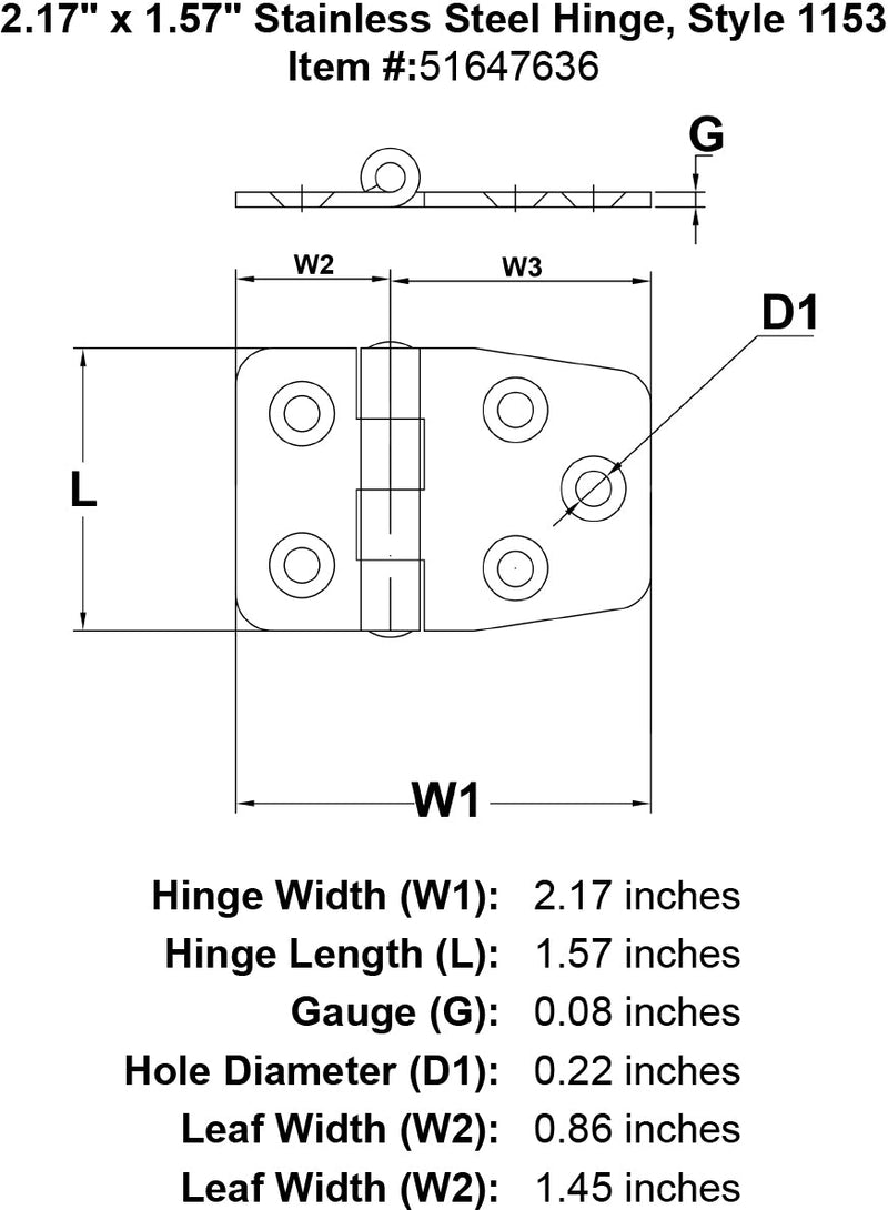 Stainless Steel Hinge Style 1153 specification diagram