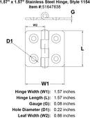 Stainless Steel Hinge Style 1154 specification diagram