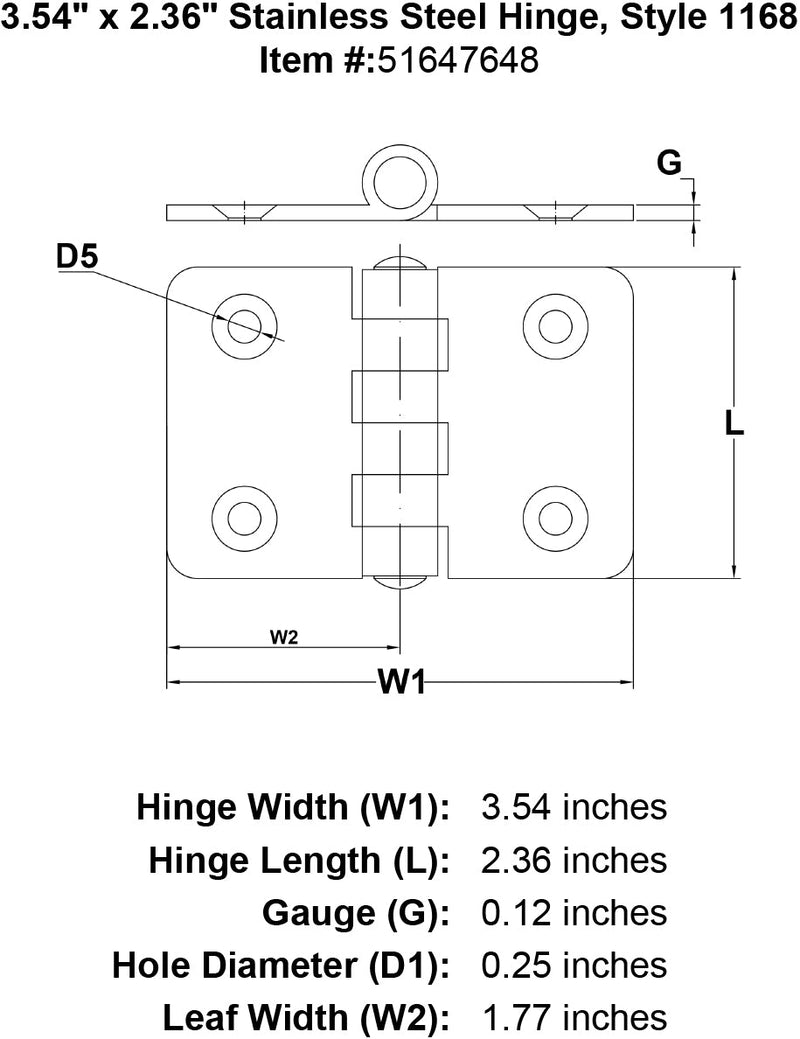 Stainless Steel Hinge Style 1168 specification diagram
