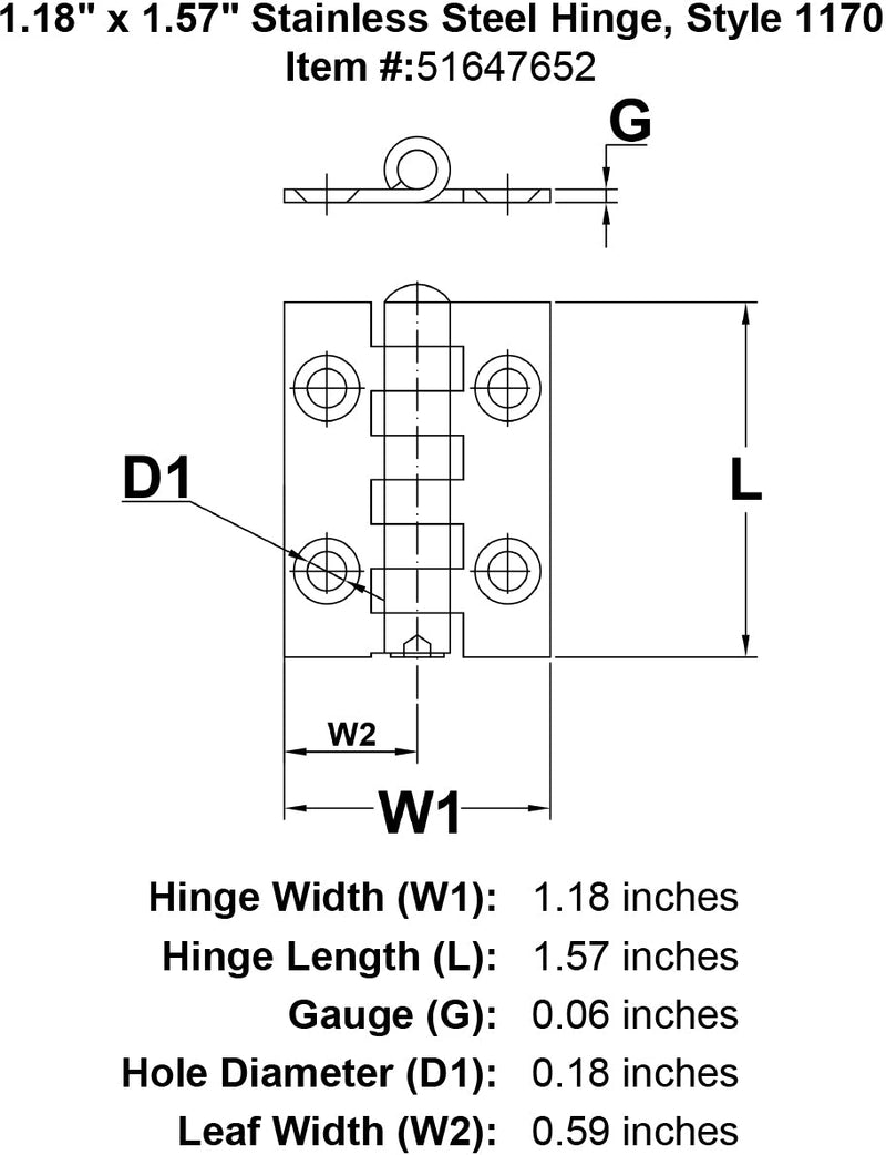 Stainless Steel Hinge Style 1170 specification diagram