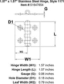 Stainless Steel Hinge Style 1171 specification diagram