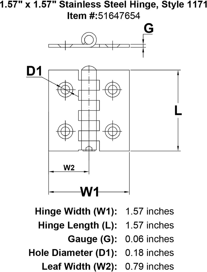 Stainless Steel Hinge Style 1171 specification diagram