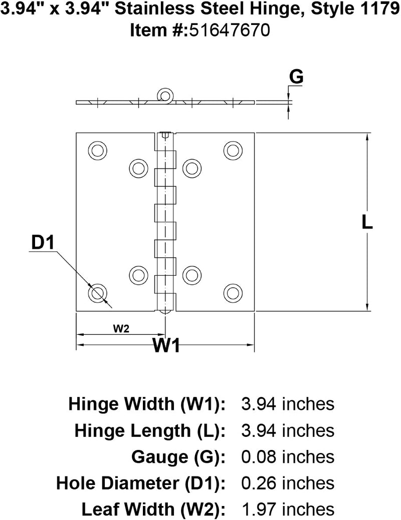 Stainless Steel Hinge Style 1179 specification diagram