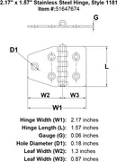 Stainless Steel Hinge Style 1181 specification diagram