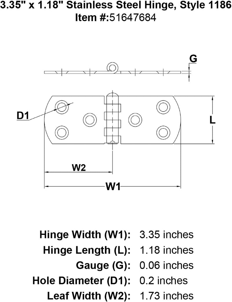 Stainless Steel Hinge Style 1186 specification diagram