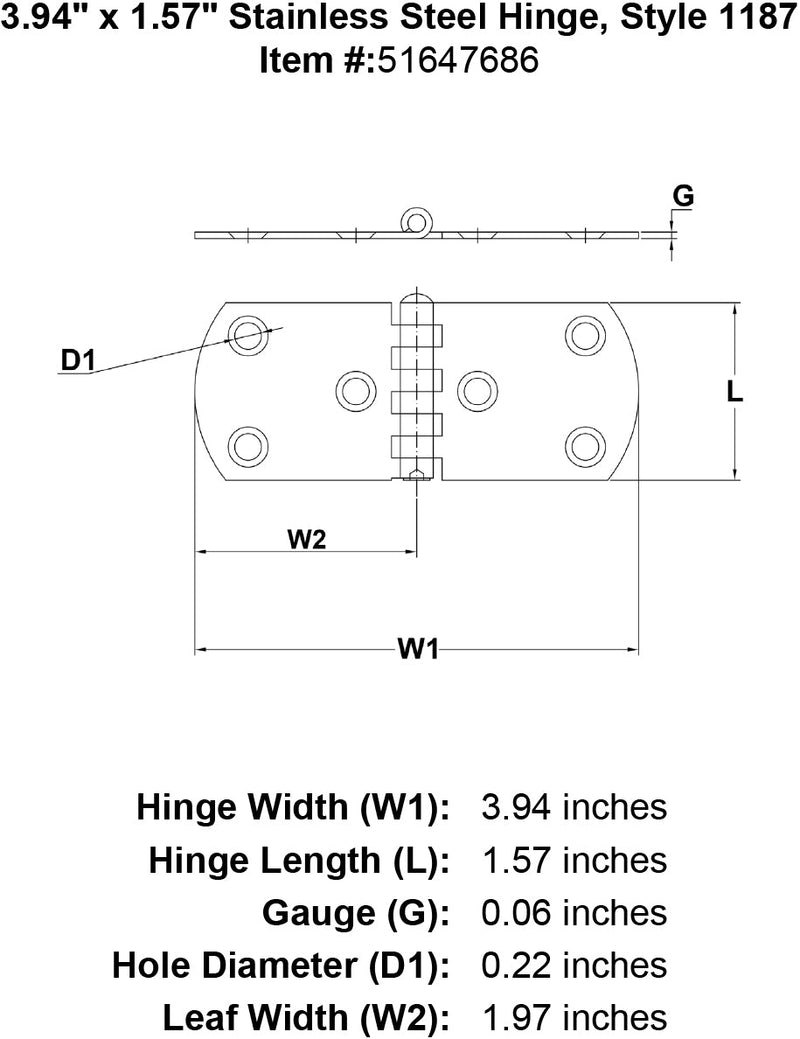 Stainless Steel Hinge Style 1187 specification diagram
