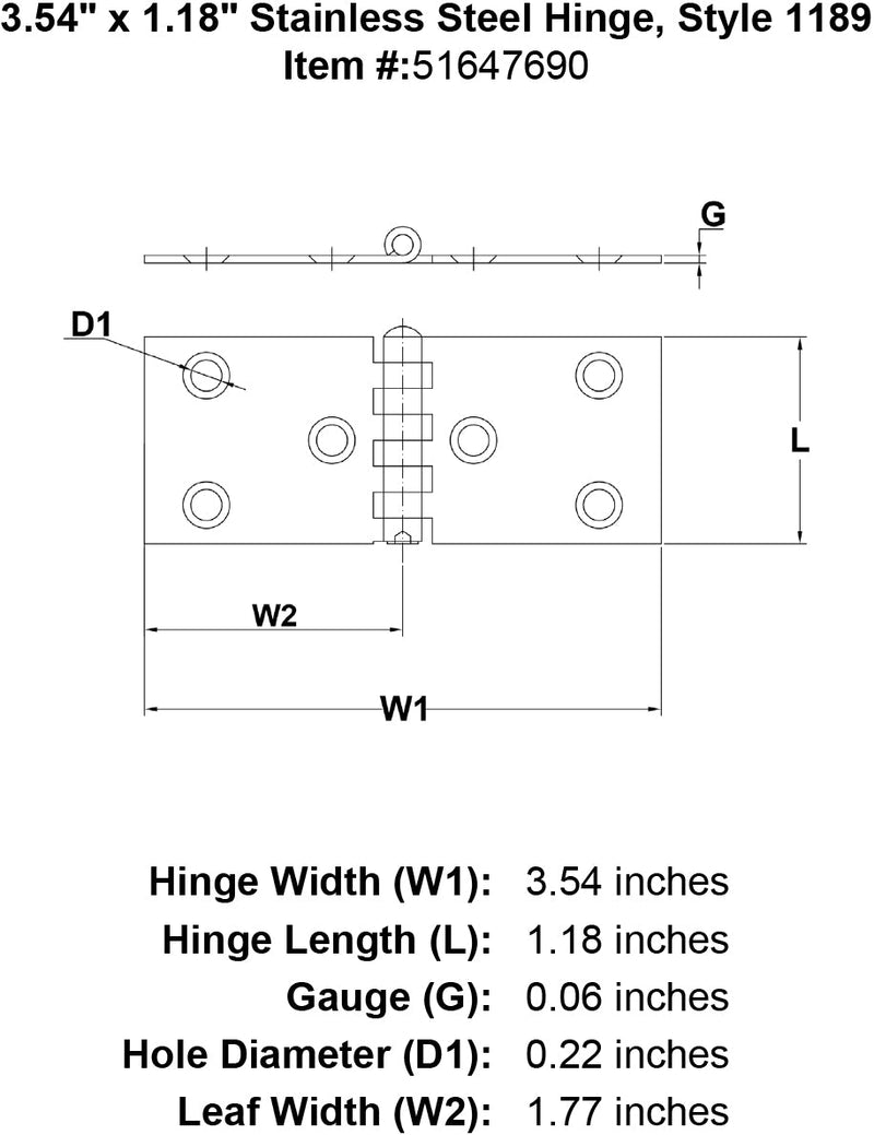 Stainless Steel Hinge Style 1189 specification diagram