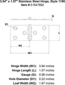 Stainless Steel Hinge Style 1190 specification diagram